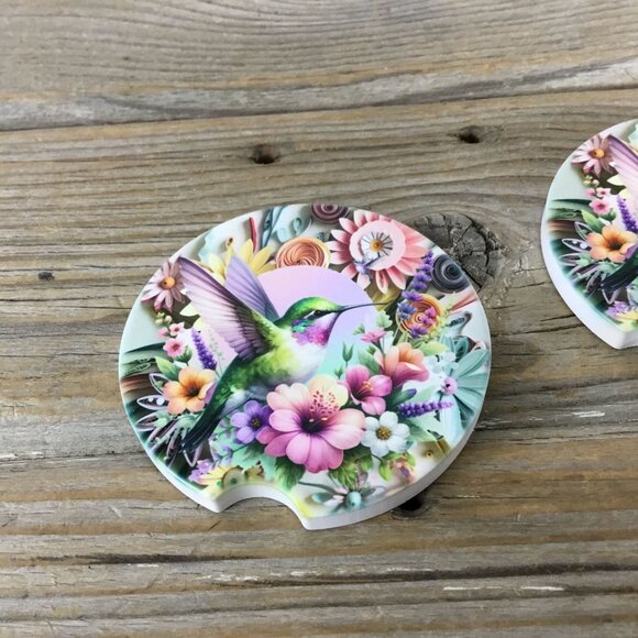 Hummingbird Pastel Flowers Car Coasters - Picture 3 of 6